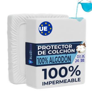 BLUZIMAN® Protector Colchon, Cubre Colchon Impermeable 100% Algodón Fabricado en España, Altura hasta 35cm, Protector de Colchon Anti Acaros, Funda Colchon, Mattress Protector