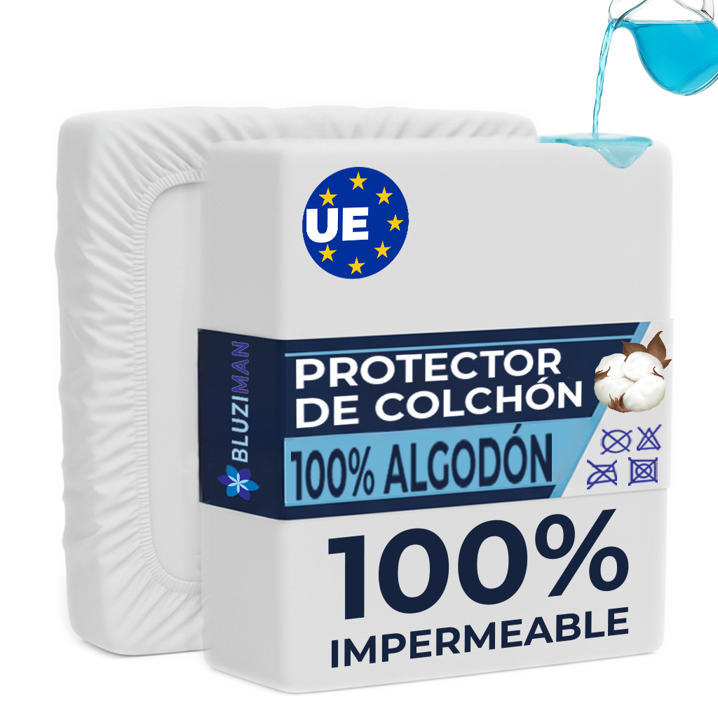BLUZIMAN® Protector Colchon, Cubre Colchon Impermeable 100% Algodón Fabricado en España, Altura hasta 35cm, Protector de Colchon Anti Acaros, Funda Colchon, Mattress Protector